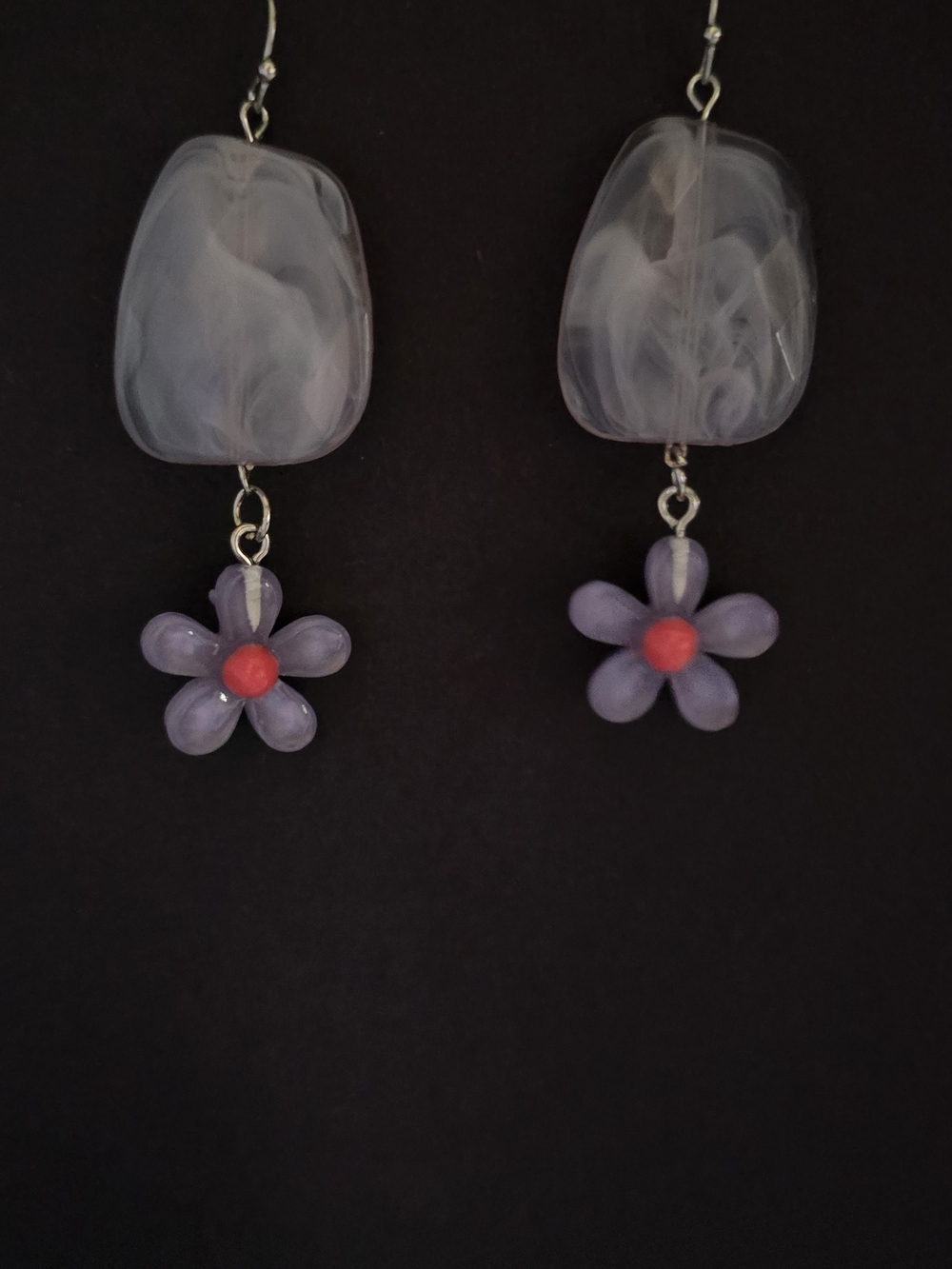Handmade Purple Flower Dangle Earrings with Red Center